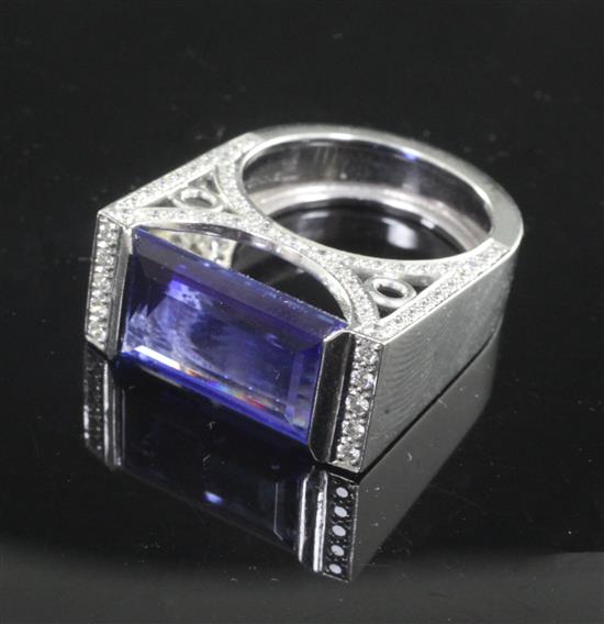 A fancy modern 18ct white gold, tanzanite and diamond dress ring by Theo Fennell, size M
